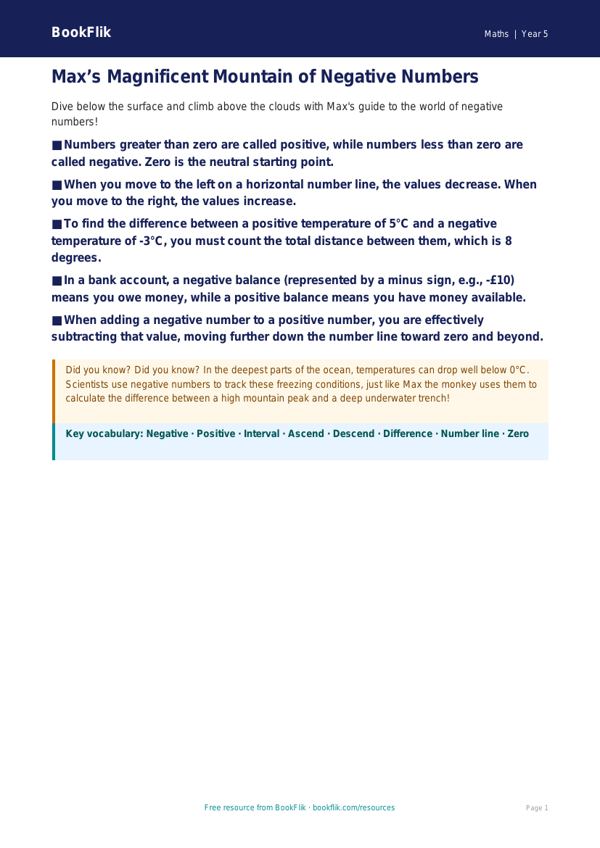 Free Negative Numbers Poster | Year 5 Greater Depth | BookFlik worksheet preview — Maths Negative Numbers