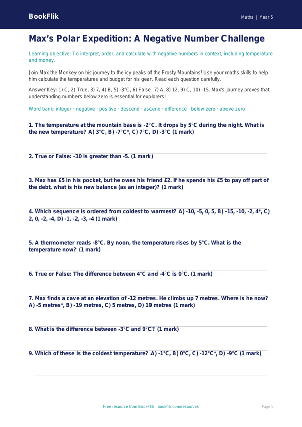 Free Negative Numbers Quiz | Year 5 Greater Depth | BookFlik worksheet preview — Maths Negative Numbers