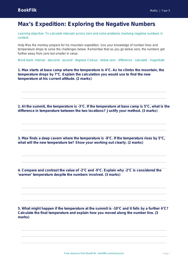 Free Negative Numbers Worksheet | Year 5 Greater Depth | BookFlik worksheet preview — Maths Negative Numbers