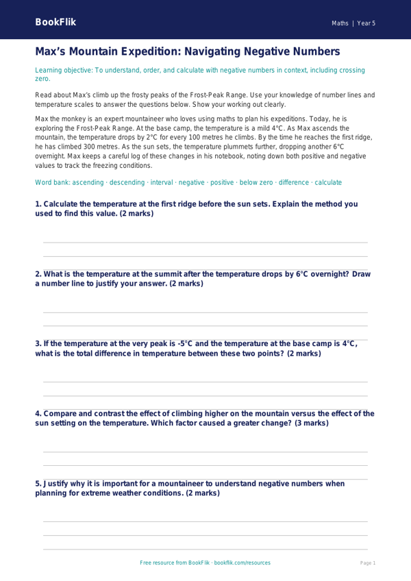 Free Negative Numbers Track Sheet | Year 5 Greater Depth | BookFlik worksheet preview — Maths Negative Numbers