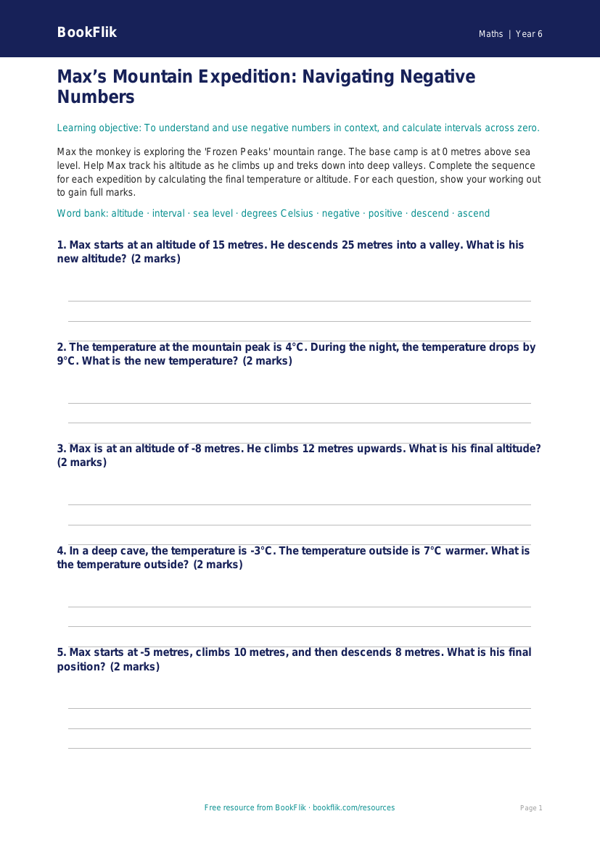 Free Negative Numbers Activity Sheet | Year 6 Core | BookFlik worksheet preview — Maths Negative Numbers