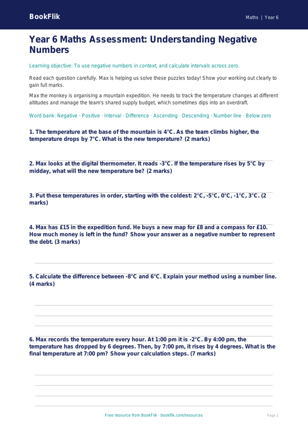 Free Negative Numbers Assessment | Year 6 Core | BookFlik worksheet preview — Maths Negative Numbers