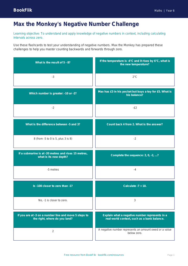 Free Negative Numbers Flashcards | Year 6 Core | BookFlik worksheet preview — Maths Negative Numbers