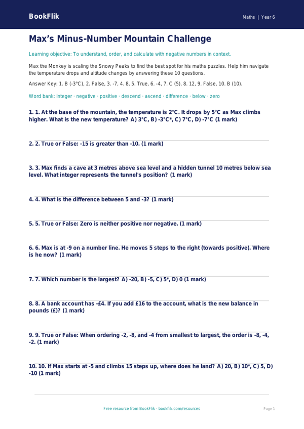 Free Negative Numbers Quiz | Year 6 Core | BookFlik worksheet preview — Maths Negative Numbers