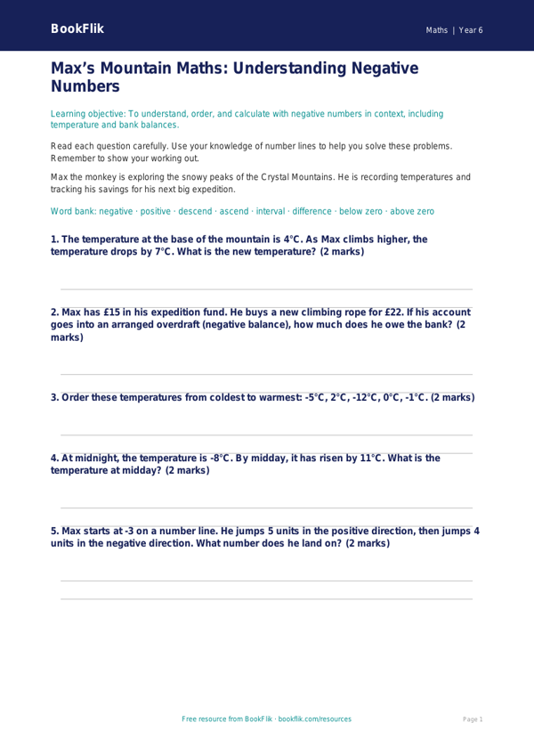 Free Negative Numbers Worksheet | Year 6 Core | BookFlik worksheet preview — Maths Negative Numbers