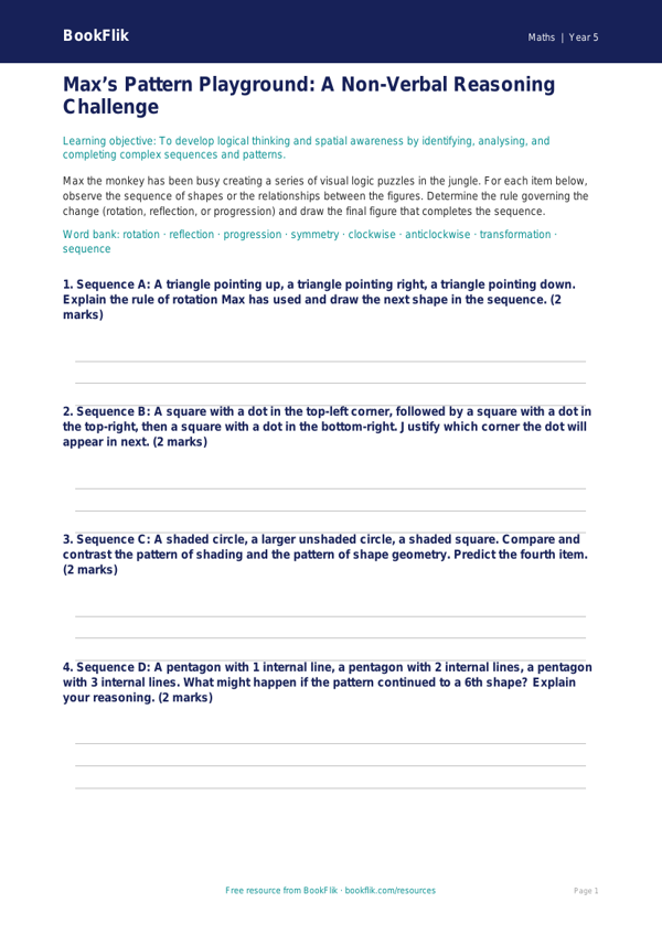 Free Non Verbal Reasoning Activity Sheet | Year 5 Greater Depth | BookFlik worksheet preview — Maths Non Verbal Reasoning