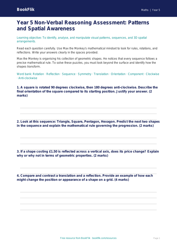 Free Non Verbal Reasoning Assessment | Year 5 Greater Depth | BookFlik worksheet preview — Maths Non Verbal Reasoning