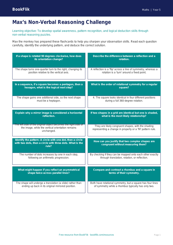 Free Non Verbal Reasoning Flashcards | Year 5 Greater Depth | BookFlik worksheet preview — Maths Non Verbal Reasoning