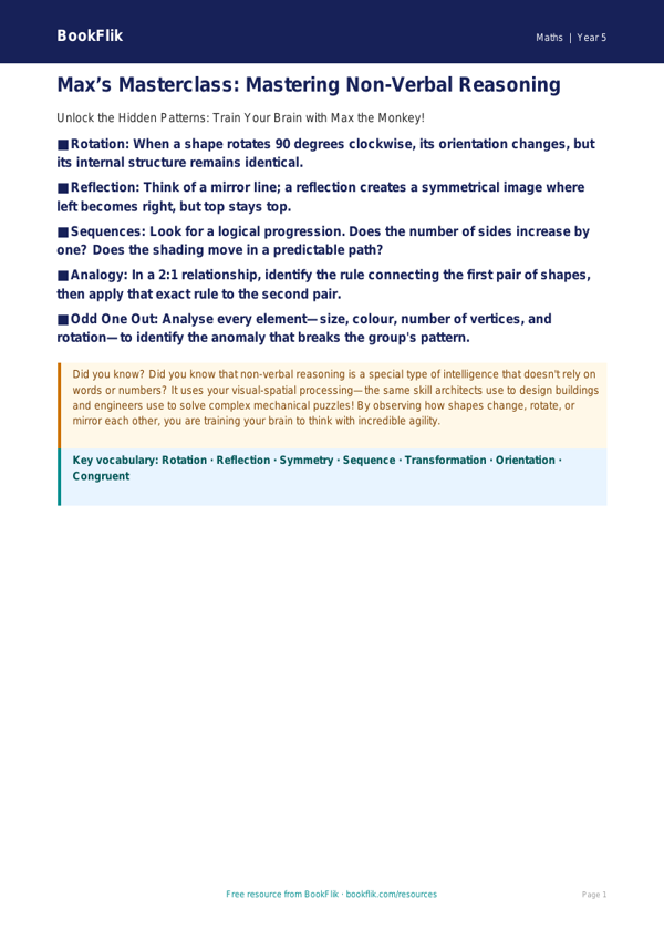 Free Non Verbal Reasoning Poster | Year 5 Greater Depth | BookFlik worksheet preview — Maths Non Verbal Reasoning