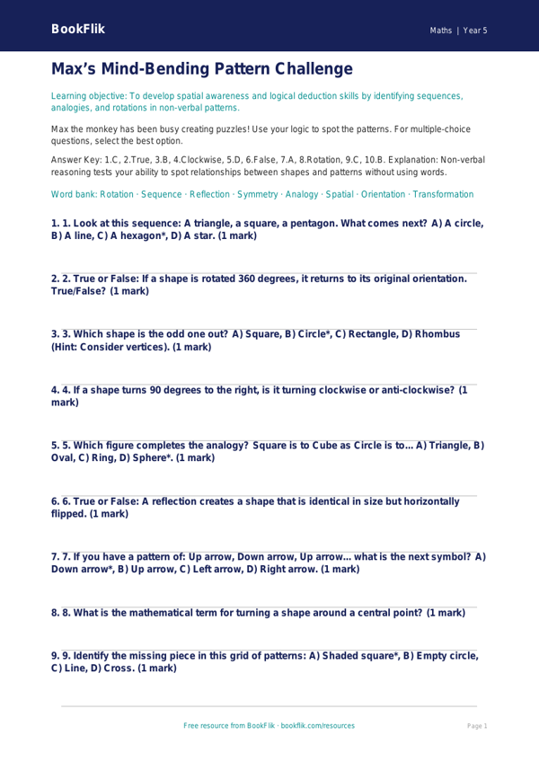 Free Non Verbal Reasoning Quiz | Year 5 Greater Depth | BookFlik worksheet preview — Maths Non Verbal Reasoning