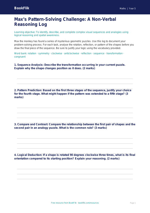 Free Non Verbal Reasoning Template | Year 5 Greater Depth | BookFlik worksheet preview — Maths Non Verbal Reasoning