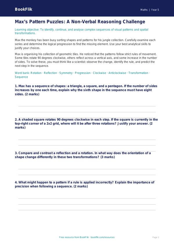 Free Non Verbal Reasoning Track Sheet | Year 5 Greater Depth | BookFlik worksheet preview — Maths Non Verbal Reasoning