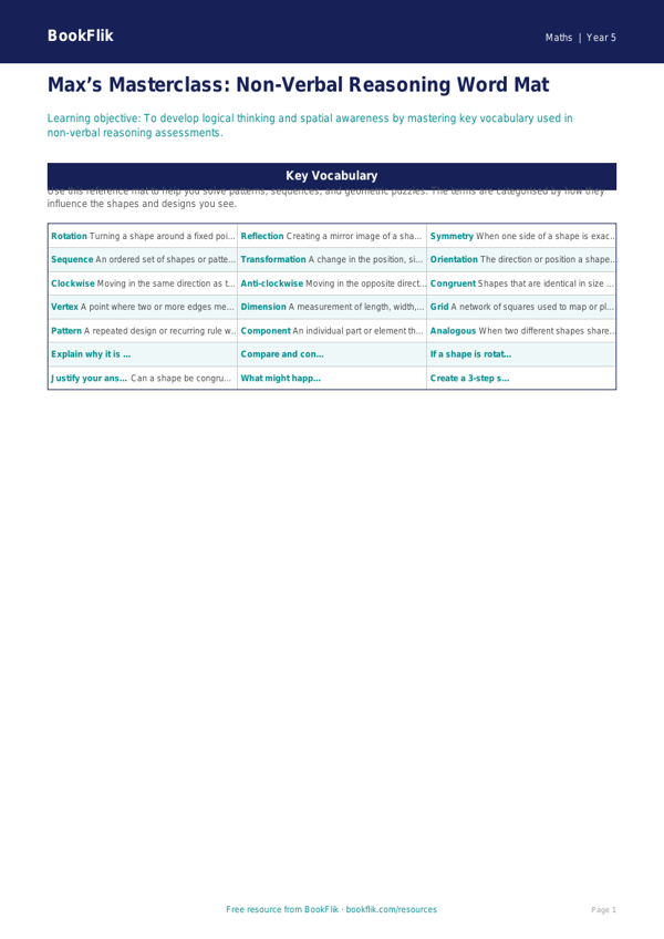 Free Non Verbal Reasoning Word Mat | Year 5 Greater Depth | BookFlik worksheet preview — Maths Non Verbal Reasoning