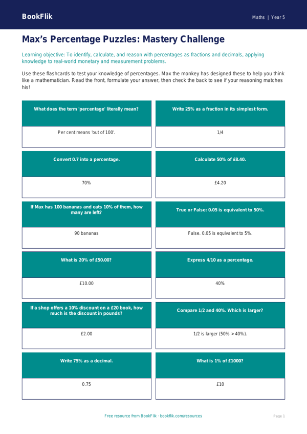 Free Percentages Flashcards | Year 5 Greater Depth | BookFlik worksheet preview — Maths Percentages