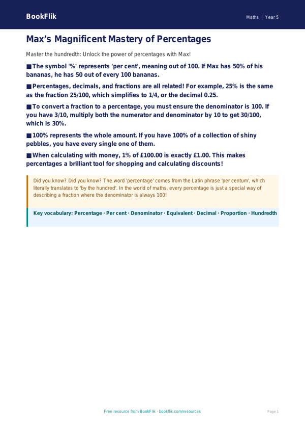 Free Percentages Poster | Year 5 Greater Depth | BookFlik worksheet preview — Maths Percentages