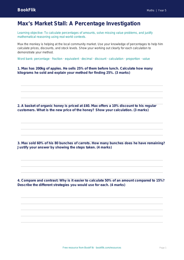 Free Percentages Template | Year 5 Greater Depth | BookFlik worksheet preview — Maths Percentages