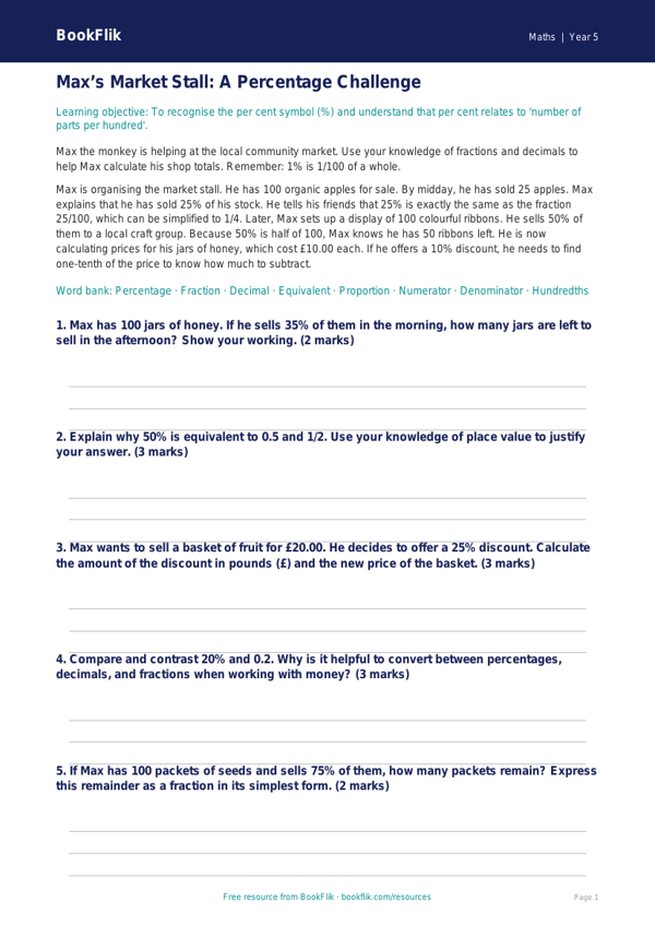 Free Percentages Track Sheet | Year 5 Greater Depth | BookFlik worksheet preview — Maths Percentages