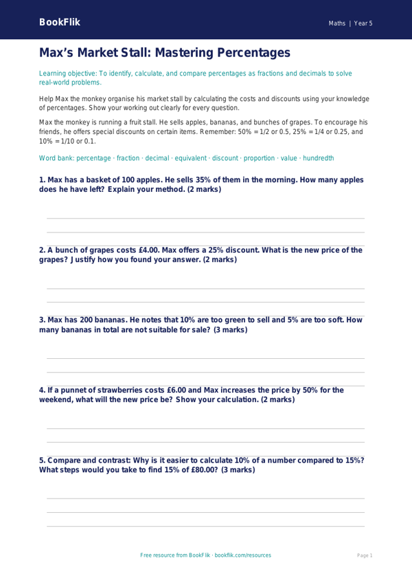 Free Percentages Worksheet | Year 5 Greater Depth | BookFlik worksheet preview — Maths Percentages