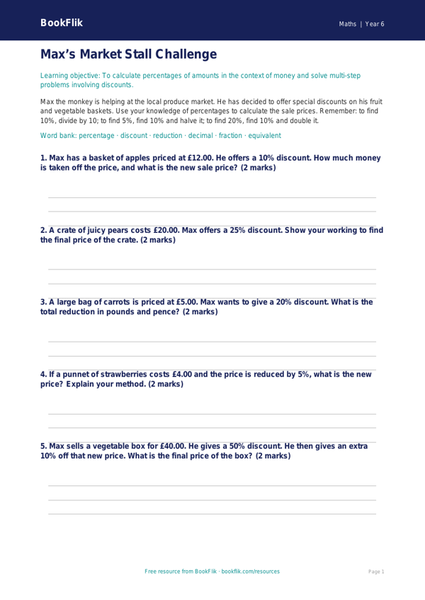 Free Percentages Activity Sheet | Year 6 Core | BookFlik worksheet preview — Maths Percentages