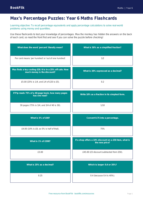 Free Percentages Flashcards | Year 6 Core | BookFlik worksheet preview — Maths Percentages