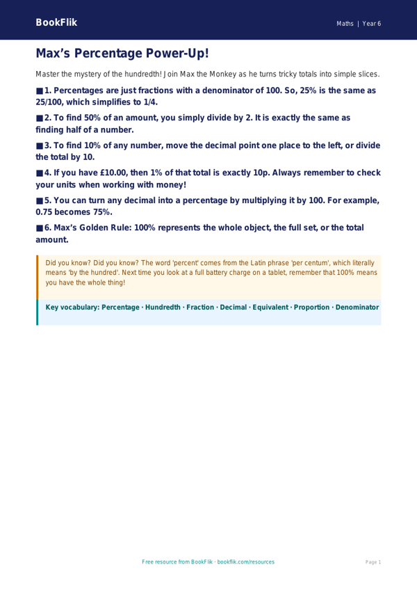 Free Percentages Poster | Year 6 Core | BookFlik worksheet preview — Maths Percentages