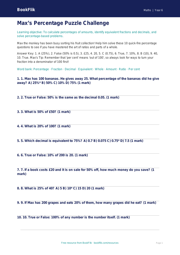 Free Percentages Quiz | Year 6 Core | BookFlik worksheet preview — Maths Percentages