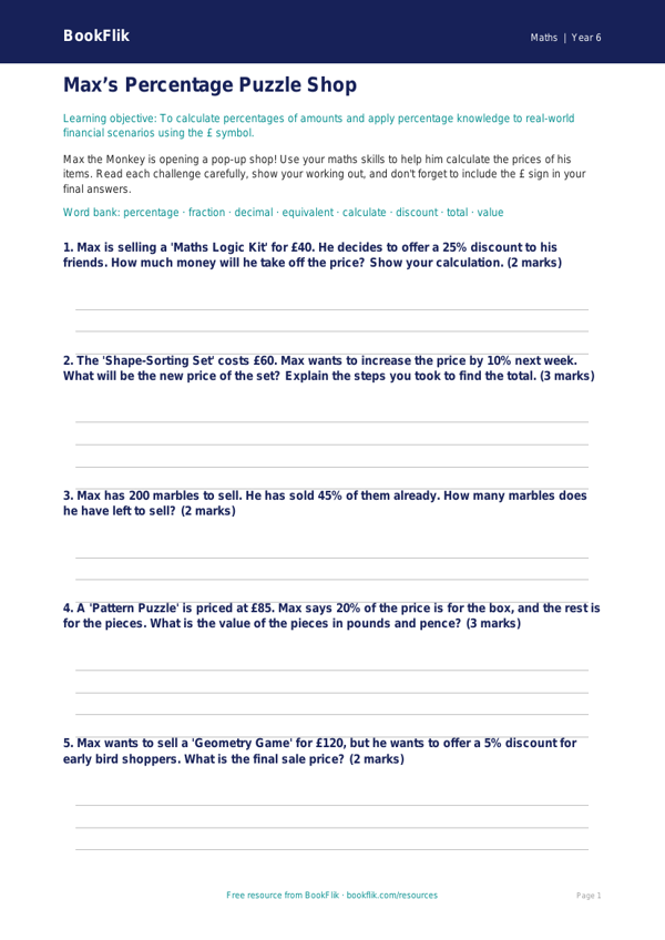 Free Percentages Template | Year 6 Core | BookFlik worksheet preview — Maths Percentages