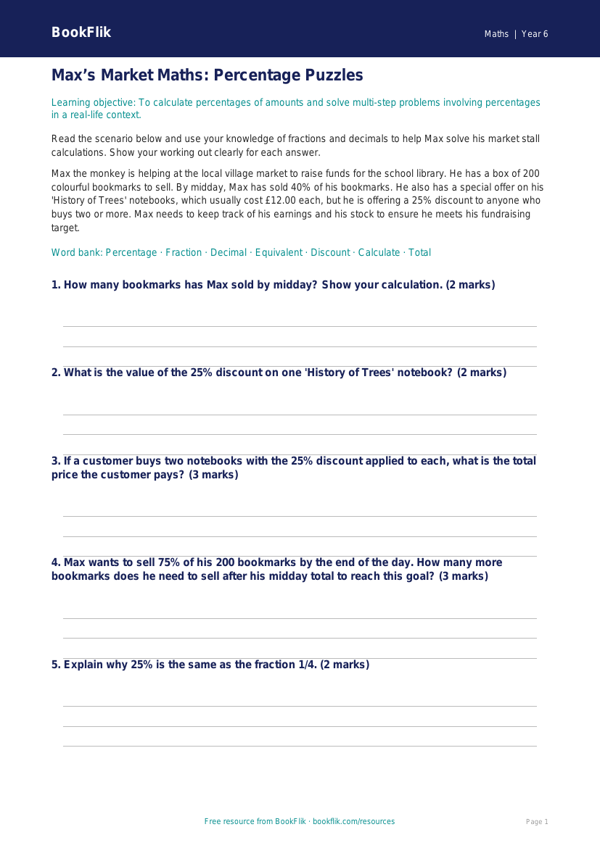 Free Percentages Track Sheet | Year 6 Core | BookFlik worksheet preview — Maths Percentages