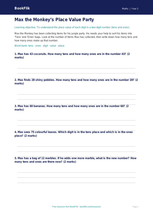 Free Place Value Activity Sheet | Year 2 Core | BookFlik worksheet preview — Maths Place Value