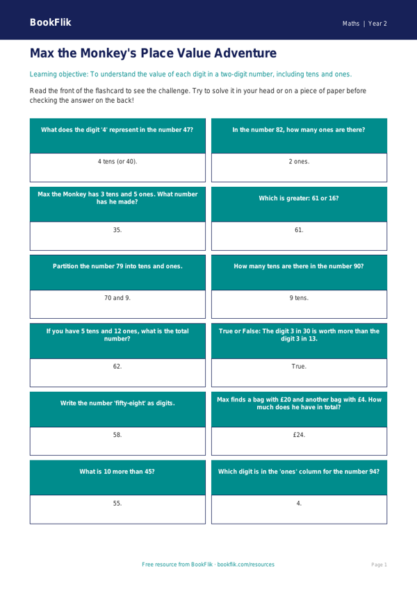 Free Place Value Flashcards | Year 2 Core | BookFlik worksheet preview — Maths Place Value