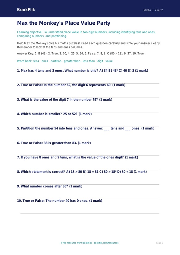 Free Place Value Quiz | Year 2 Core | BookFlik worksheet preview — Maths Place Value