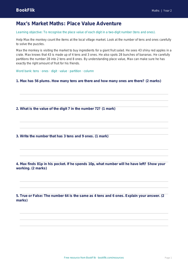 Free Place Value Track Sheet | Year 2 Core | BookFlik worksheet preview — Maths Place Value