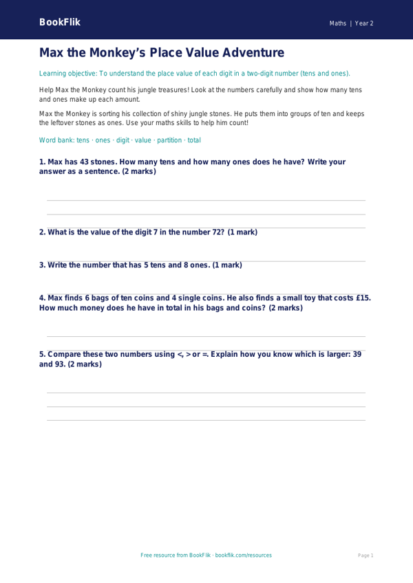 Free Place Value Worksheet | Year 2 Core | BookFlik worksheet preview — Maths Place Value