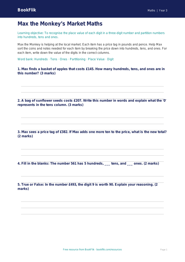 Free Place Value Activity Sheet | Year 3 Core | BookFlik worksheet preview — Maths Place Value