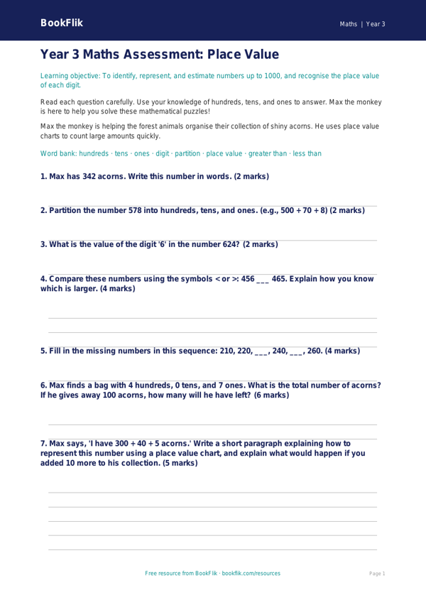 Free Place Value Assessment | Year 3 Core | BookFlik worksheet preview — Maths Place Value