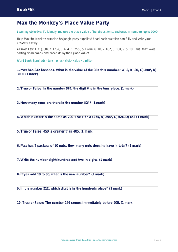 Free Place Value Quiz | Year 3 Core | BookFlik worksheet preview — Maths Place Value
