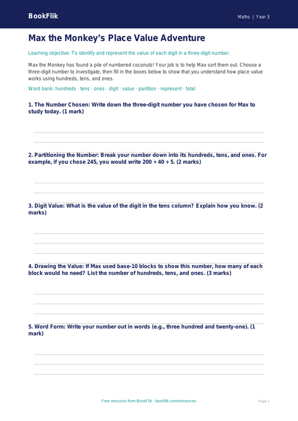 Free Place Value Template | Year 3 Core | BookFlik worksheet preview — Maths Place Value