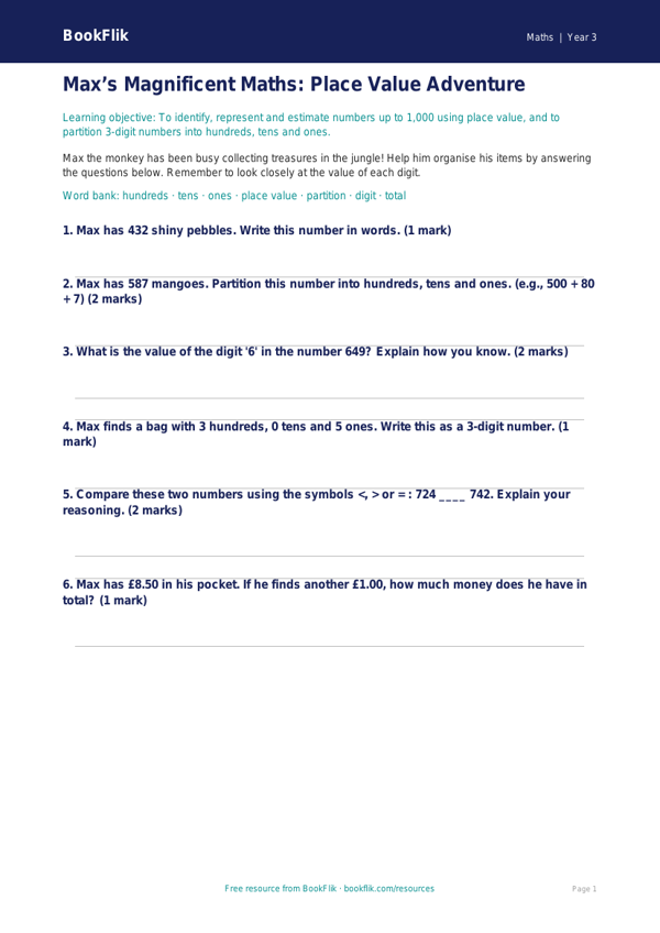 Free Place Value Worksheet | Year 3 Core | BookFlik worksheet preview — Maths Place Value