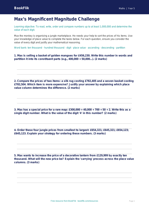 Free Place Value Activity Sheet | Year 5 Greater Depth | BookFlik worksheet preview — Maths Place Value
