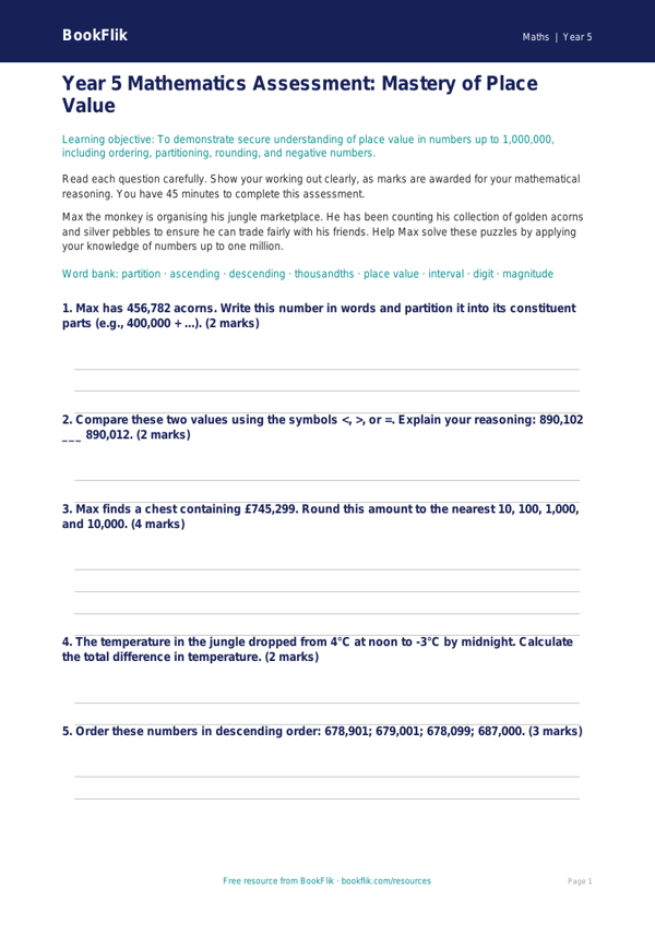 Free Place Value Assessment | Year 5 Greater Depth | BookFlik worksheet preview — Maths Place Value