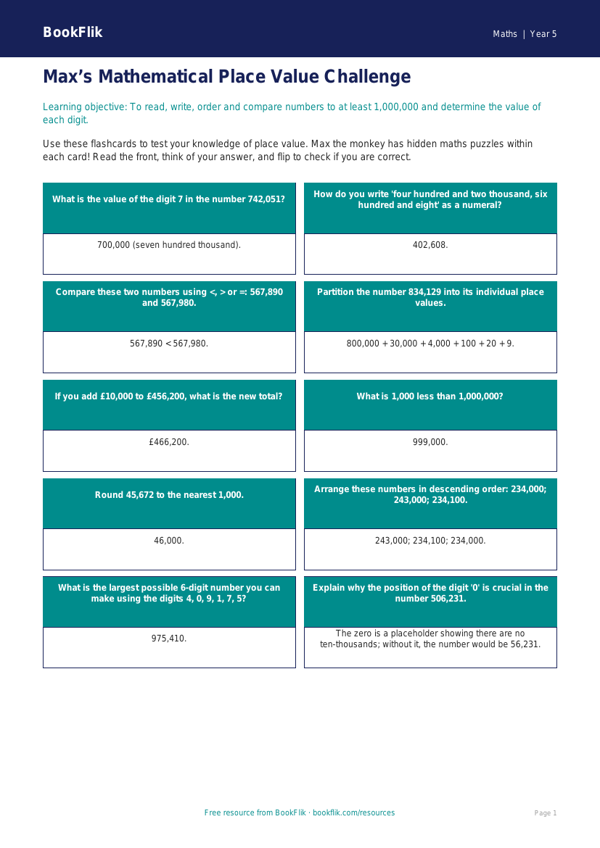 Free Place Value Flashcards | Year 5 Greater Depth | BookFlik worksheet preview — Maths Place Value