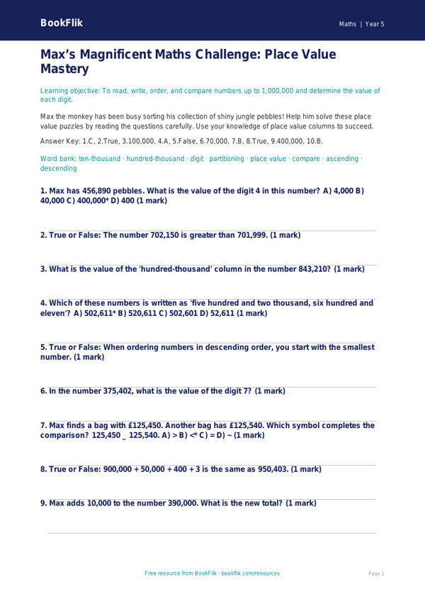 Free Place Value Quiz | Year 5 Greater Depth | BookFlik worksheet preview — Maths Place Value