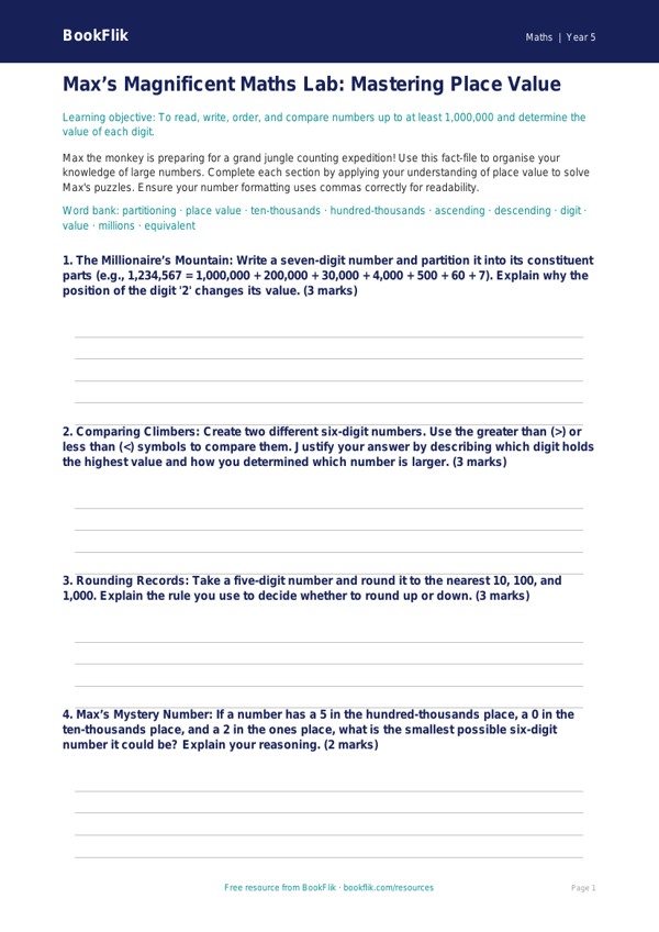 Free Place Value Template | Year 5 Greater Depth | BookFlik worksheet preview — Maths Place Value