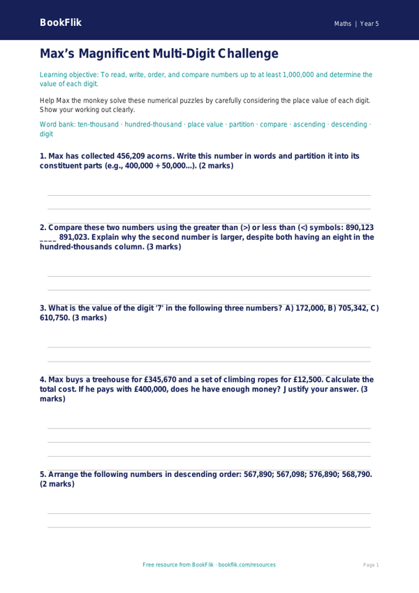 Free Place Value Worksheet | Year 5 Greater Depth | BookFlik worksheet preview — Maths Place Value