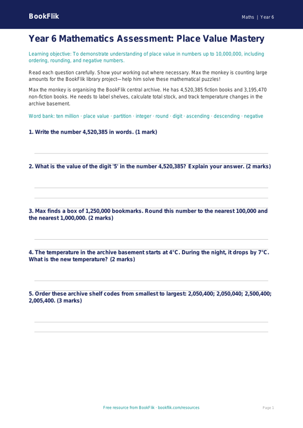 Free Place Value Assessment | Year 6 Core | BookFlik worksheet preview — Maths Place Value