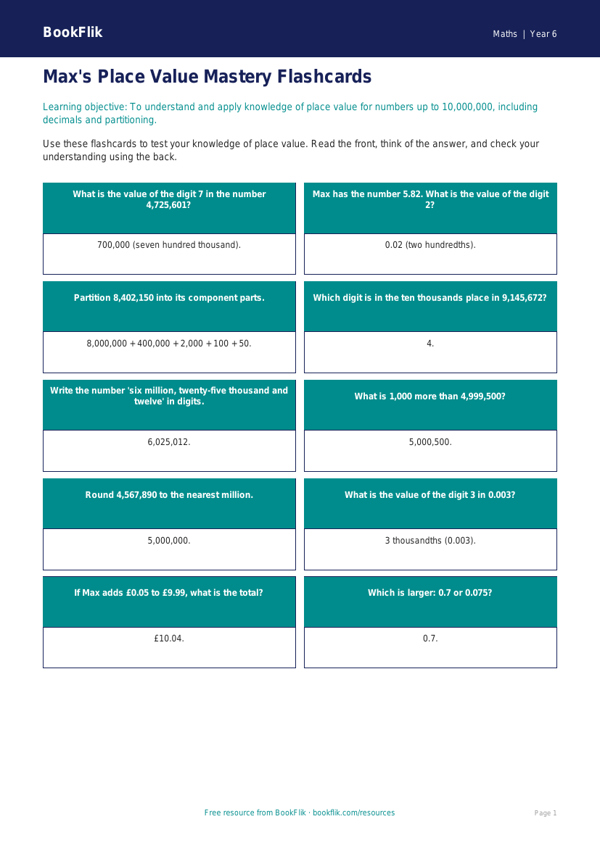 Free Place Value Flashcards | Year 6 Core | BookFlik worksheet preview — Maths Place Value