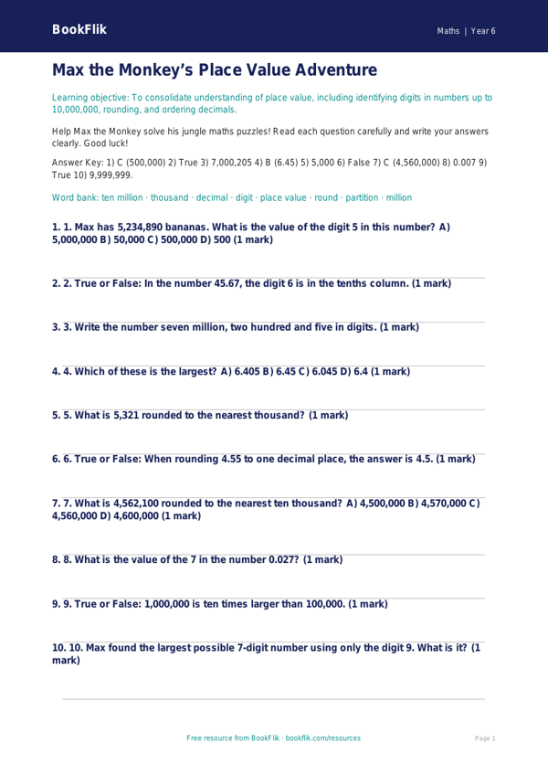 Free Place Value Quiz | Year 6 Core | BookFlik worksheet preview — Maths Place Value