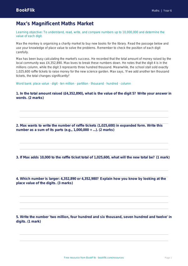 Free Place Value Track Sheet | Year 6 Core | BookFlik worksheet preview — Maths Place Value