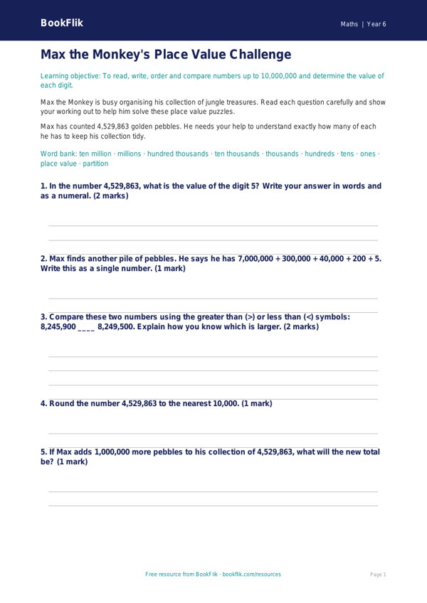 Free Place Value Worksheet | Year 6 Core | BookFlik worksheet preview — Maths Place Value