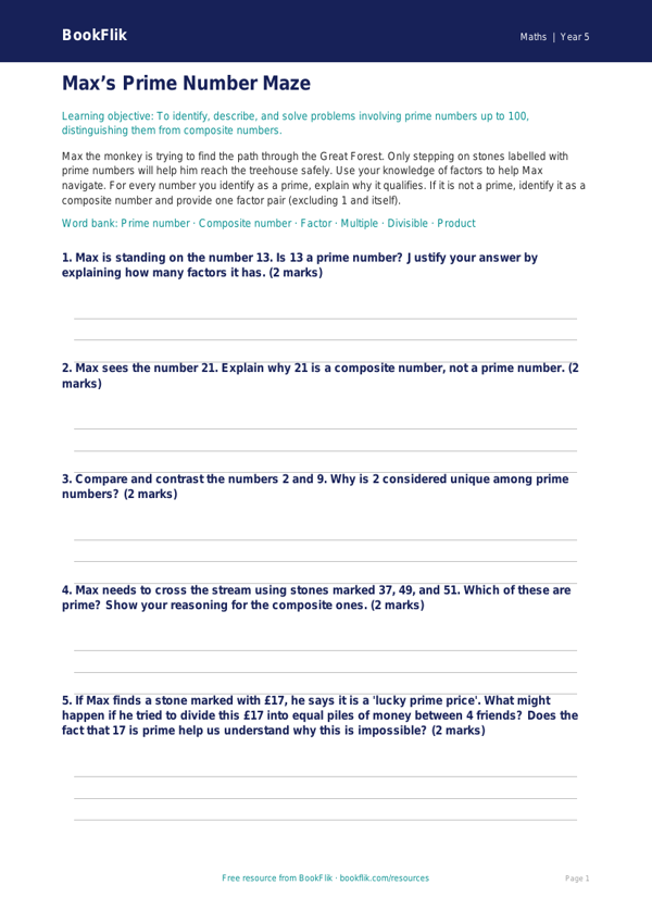 Free Prime Numbers Activity Sheet | Year 5 Greater Depth | BookFlik worksheet preview — Maths Prime Numbers